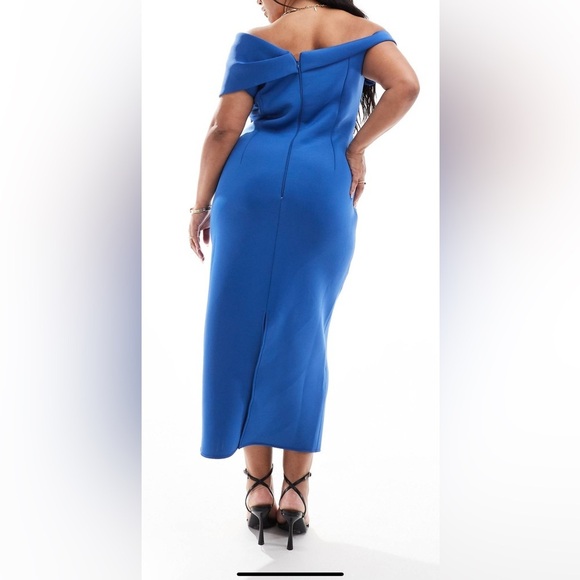 ASOS DESIGN Curve off shoulder scuba midi dress with pleat bust in blue size 18 - Picture 2 of 4